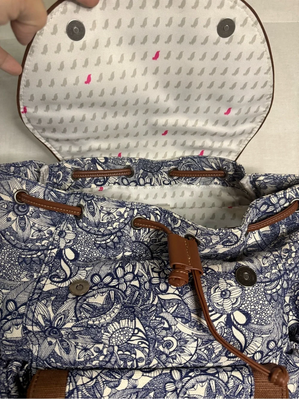 Sakroots Navy Floral Canvas Backpack with Brown Trim